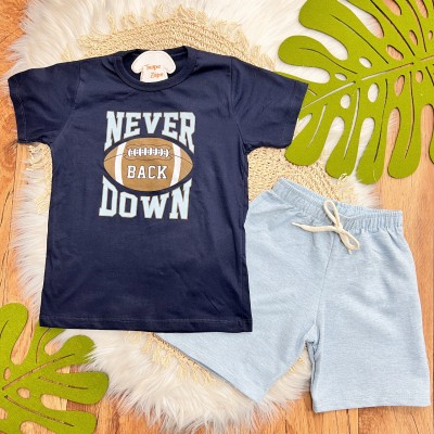 Conj. Camiseta Never Back Down e Bermuda - Azul Marinho e Azul Claro